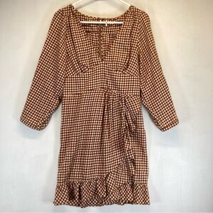 Free People Mini Dress Wraps Ruched Faux Wrap Ruffles Sleeve Gingham Plaid Print